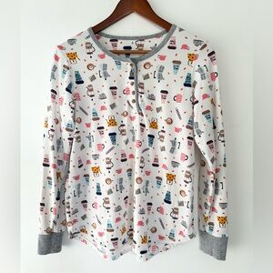 Cuddl Duds Long-Sleeve Coffee Print Velour Fleece Henley Pajama Top Size XS
